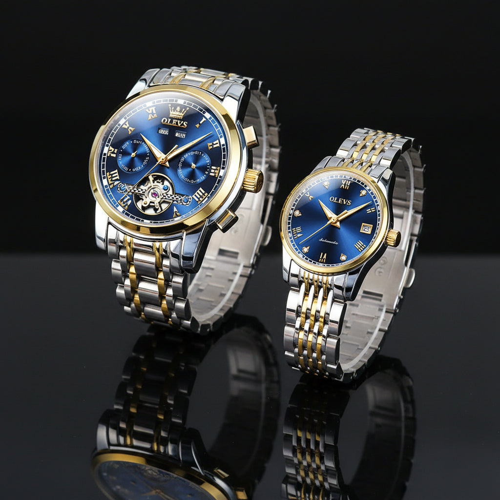 OLEVS 6607+6602 Original Men Women Watch Luxury Brand - Silver Gold Blue / United States, Silver Gold Blue / China Mainland
