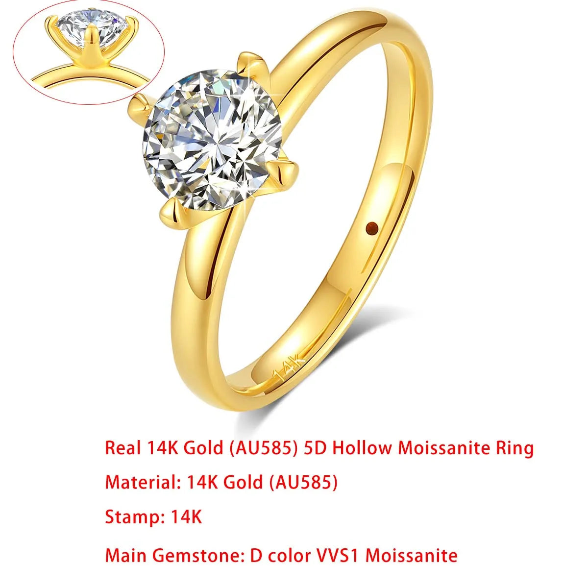 Sdoou Real Gold 14K 6 Prongs Round 1-3ct Moissanit