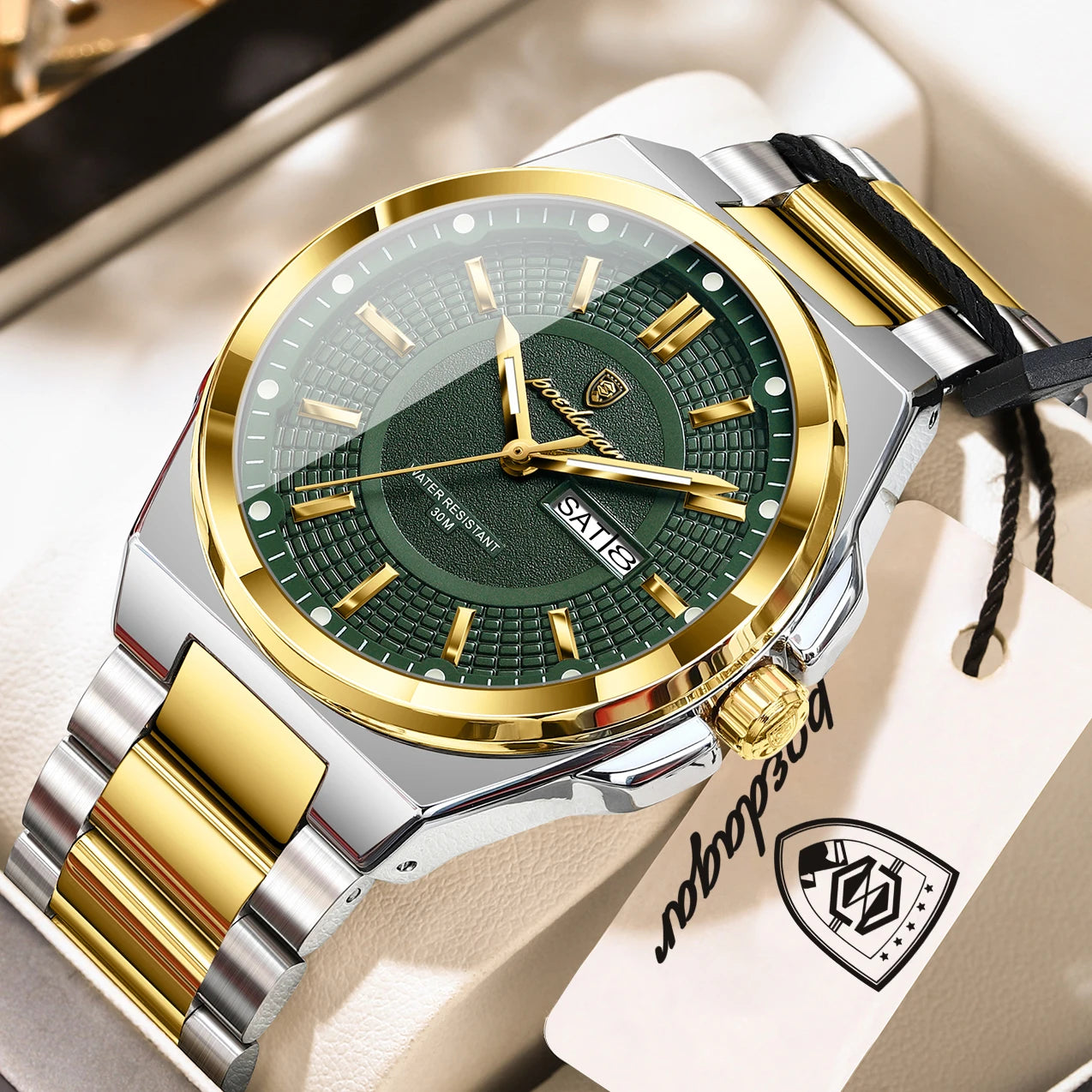 POEDAGAR Top Business Men Wristwatch Stainless Steel - 896 Gold Green / China Mainland