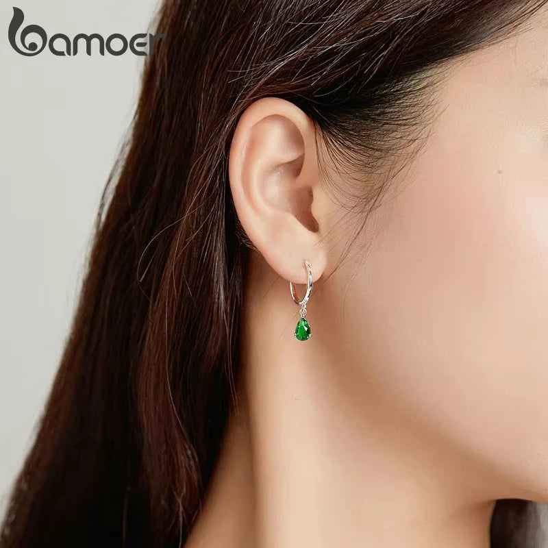 BAMOER Silver ISHWAR Green Water Drop Earrings 925