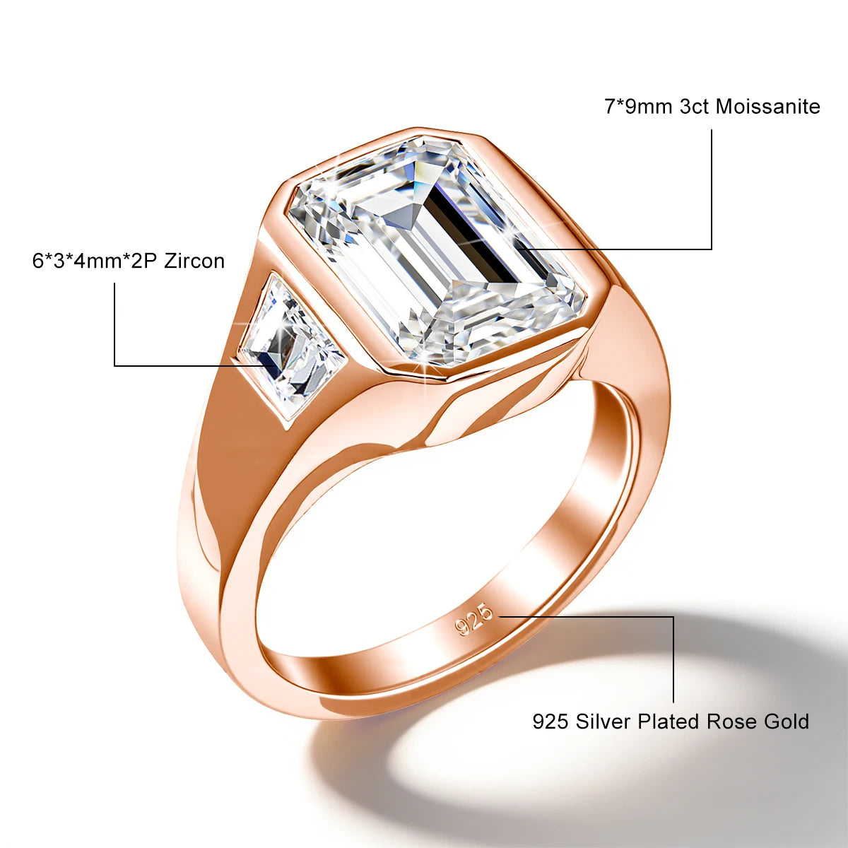 3CT Emerald Cut Moissanite Rings for Men Women D