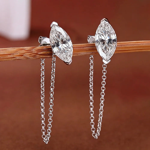 0.5/1carat Marquise Cut Moissanite Chain Earrings for - Chain Earrings / 1carat 5x10mm, Chain Earrings / 0.5carat 4x8mm