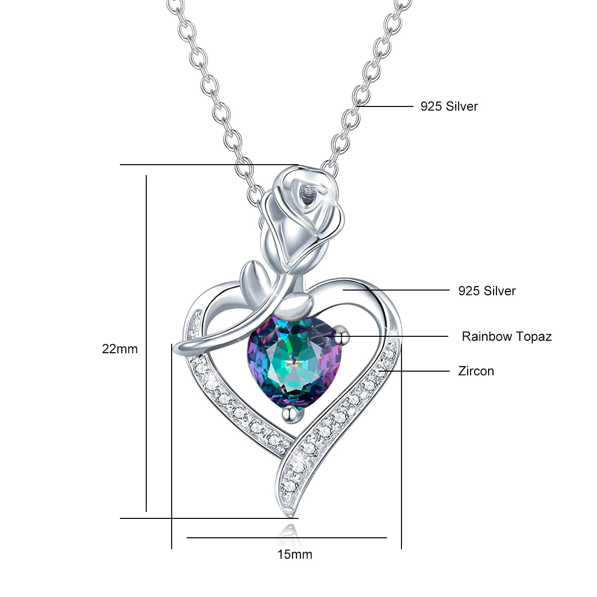 Romantic 925 Silver Necklace Rose Heart Design
