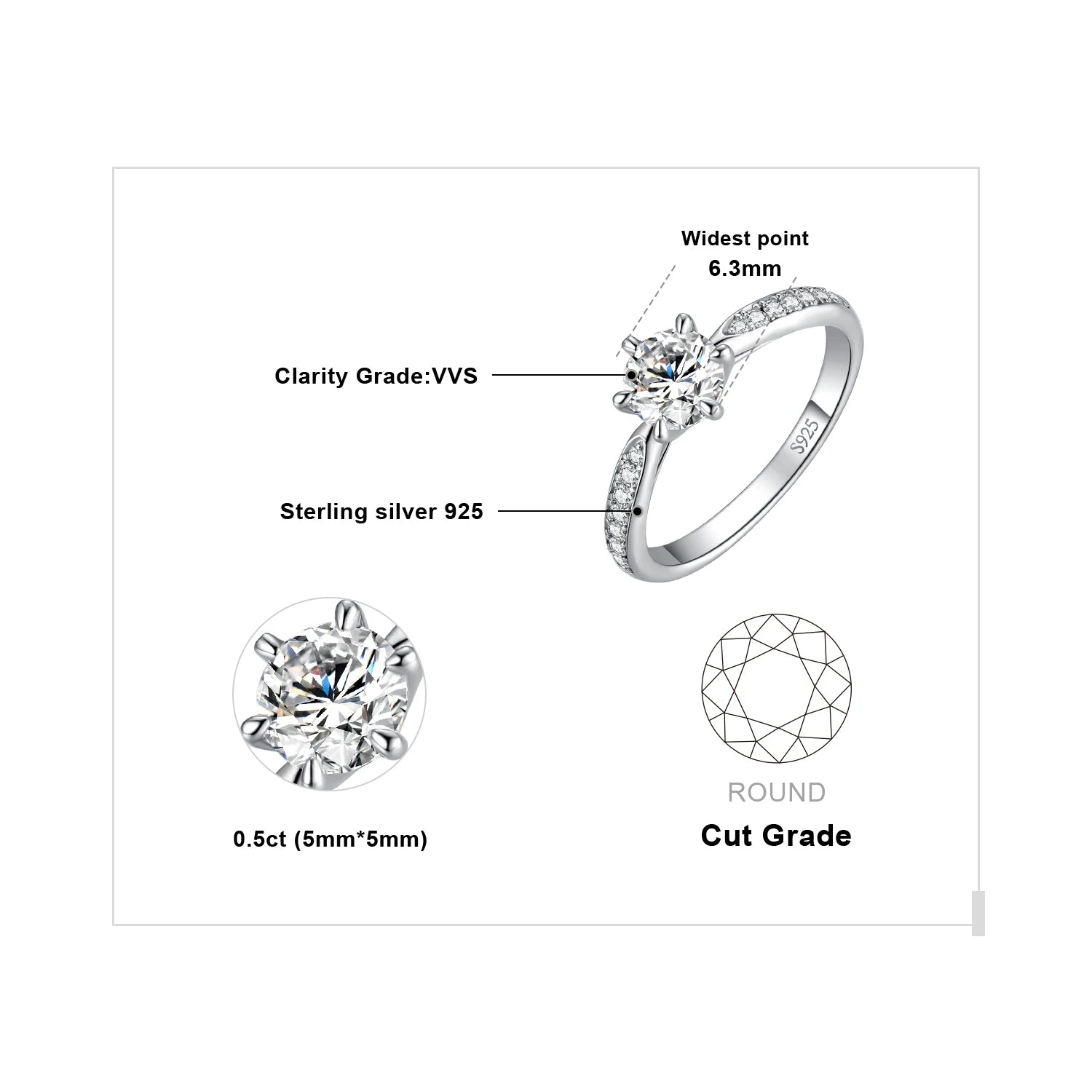 JewelryPalace Moissanite D Color 0.5ct 1ct 1.5ct 2ct - GRA Certificate / 0.5ct Silver Color / 10, GRA Certificate / 0.5ct Silver Color / 9, GRA Certificate / 0.5ct Silver Color / 6, GRA Certificate / 0.5ct Silver Color / 5, GRA Certificate / 0.5ct Silver Color / 8, GRA Certificate / 0.5ct Silver Color / 7
