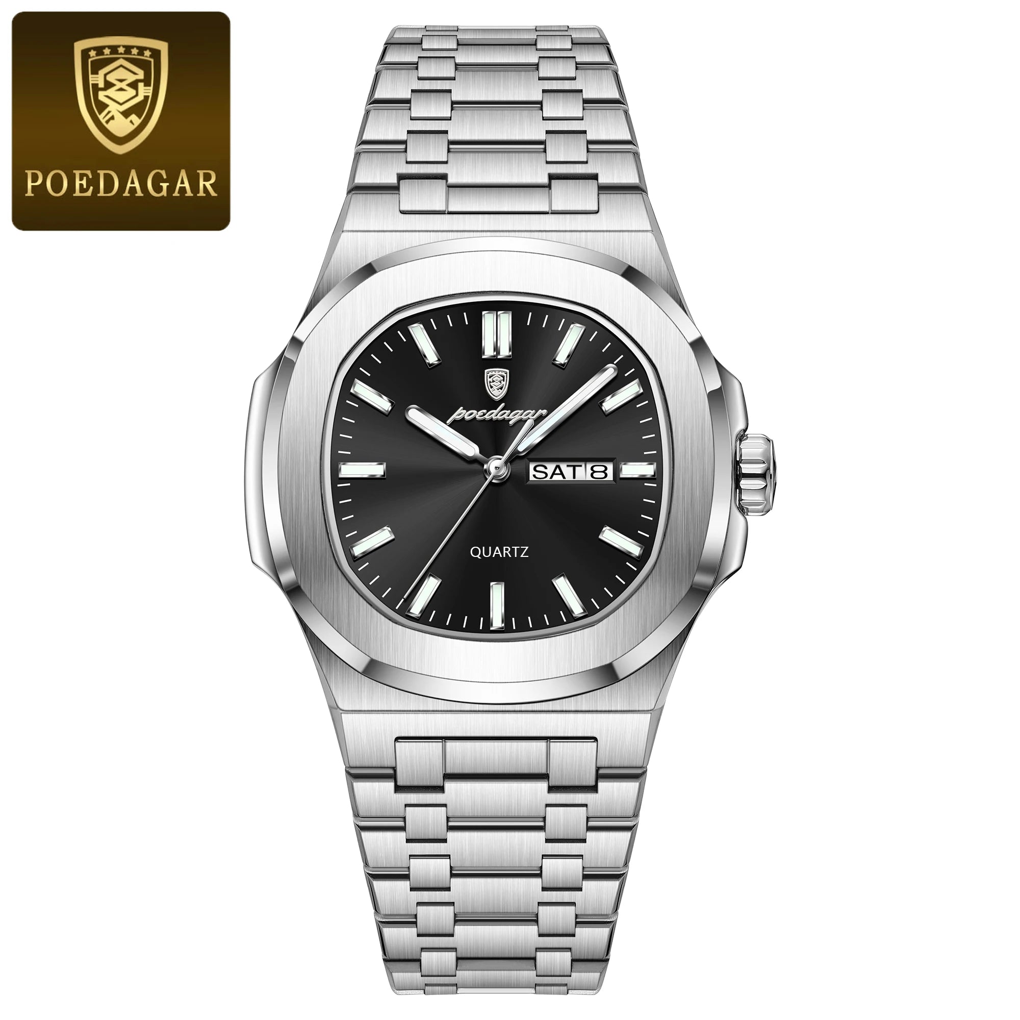 POEDAGAR Luxury Square Men's Watches Waterproof - 853 Silver Black