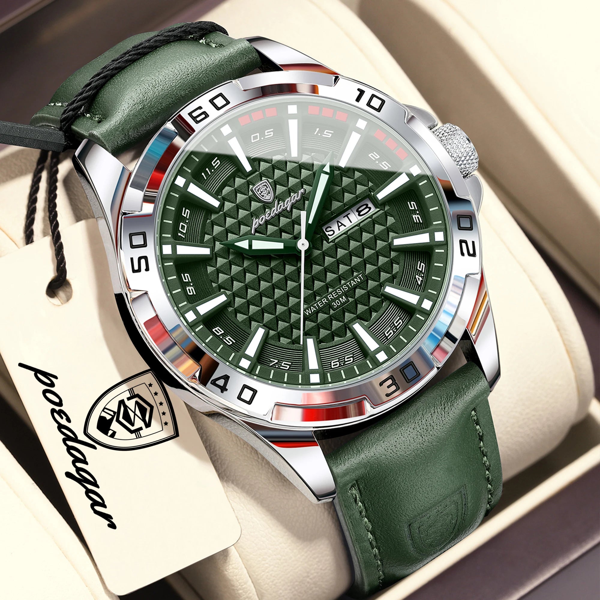 POEDAGAR Original Business Man Wristwatch Waterproof - 895 Silver Green / United States