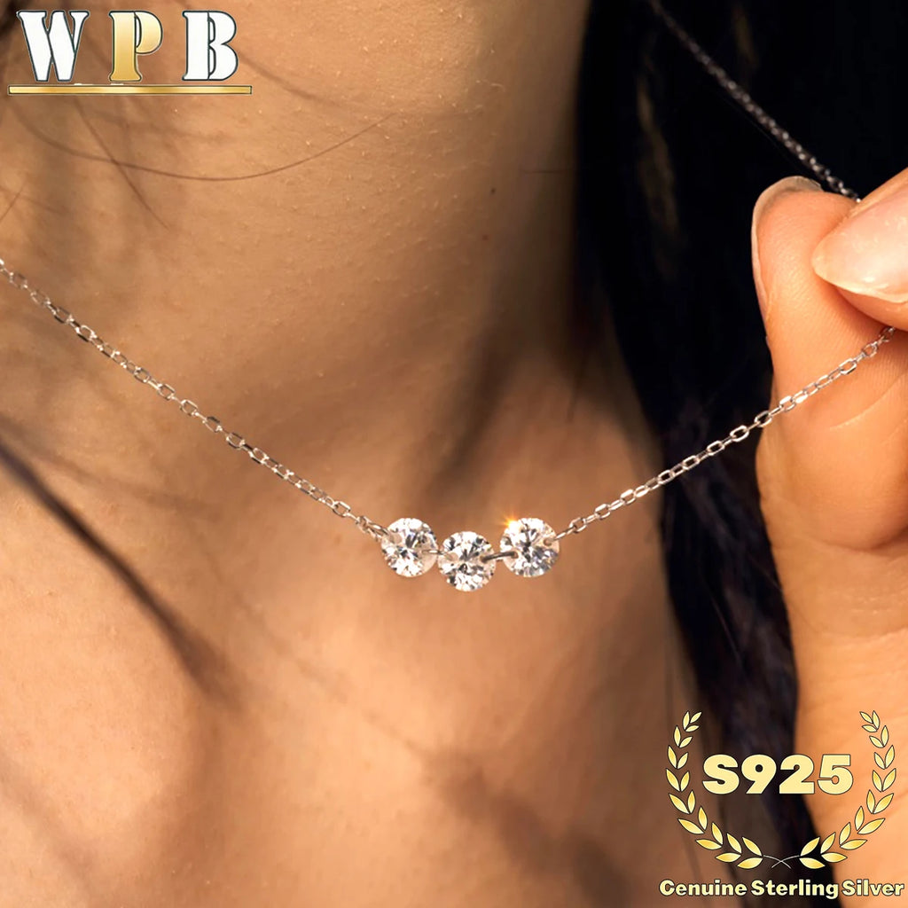 Genuine S925 Silver 3 Sparkling Zircon Necklace Dainty