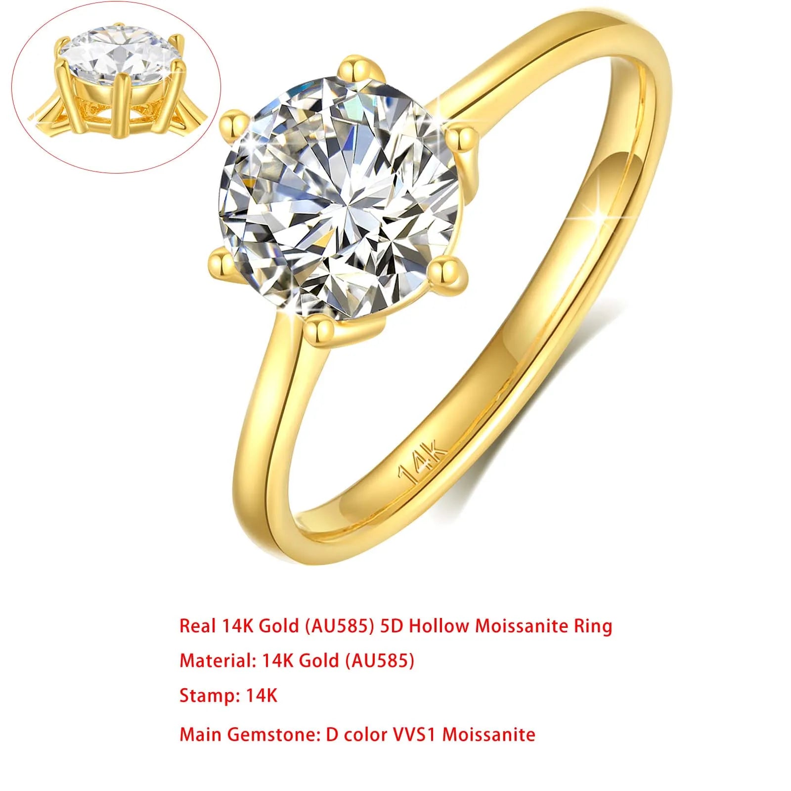 Sdoou Real Gold 14K 6 Prongs Round 1-3ct Moissanit