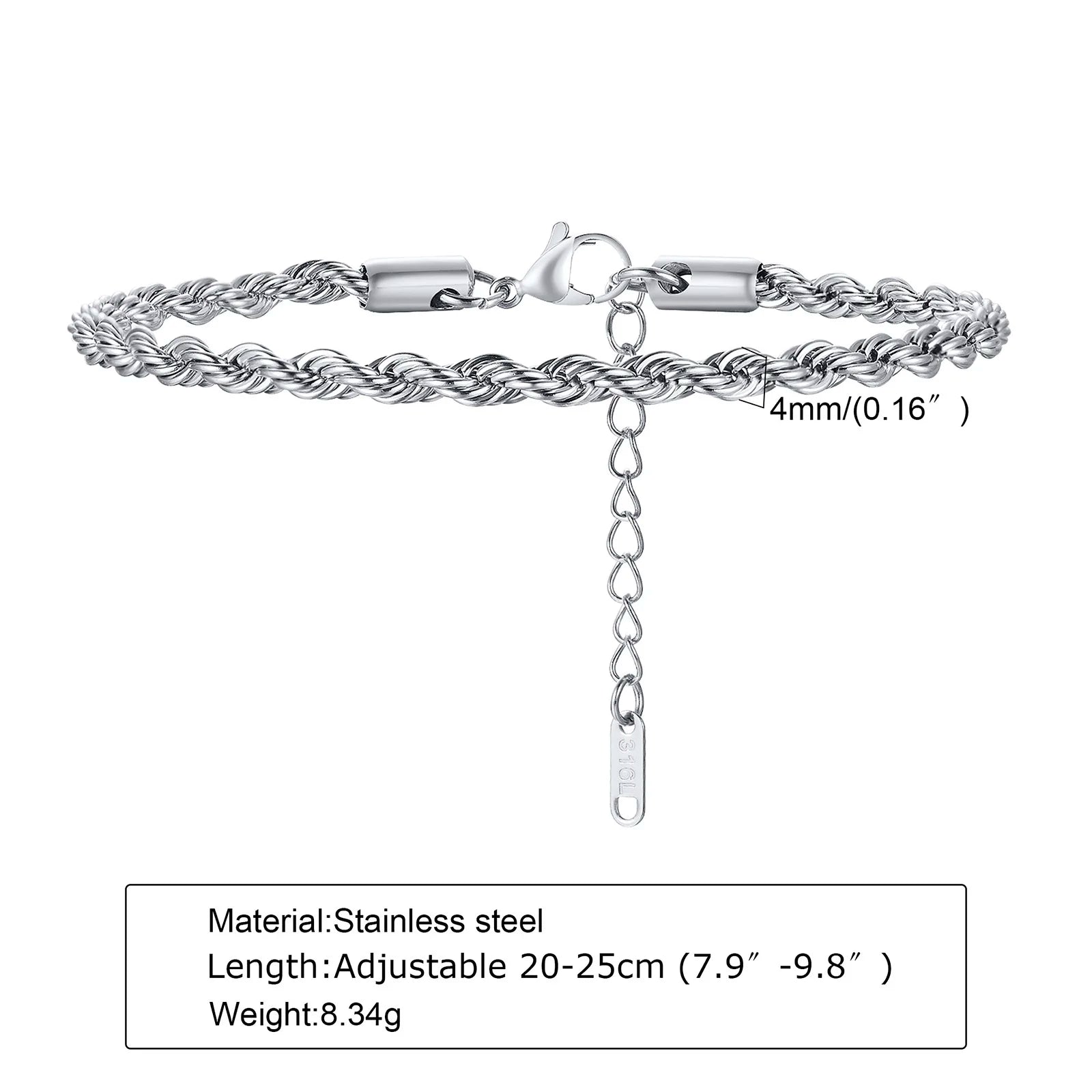 2-5MM Stainless Steel Rope Bracelets for Boys,Adju