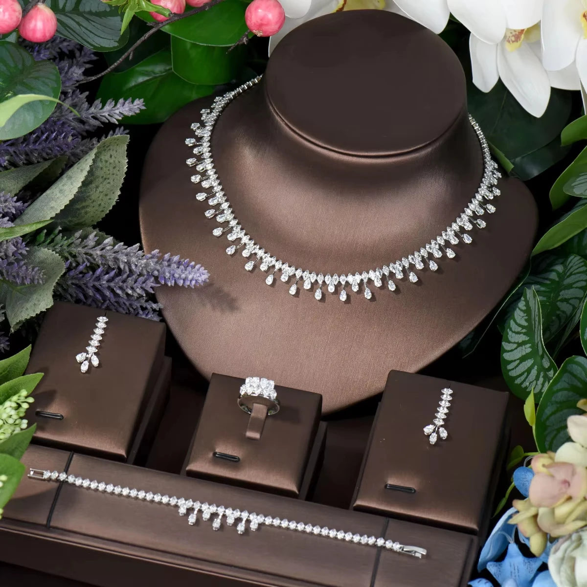 Hot Selling 4pcs Necklace and Earrings Set AAA Cubic - N-297 / resizable / 45cm