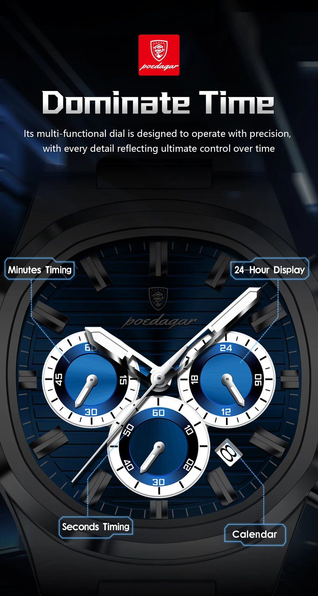 Poedagar Business Male Clock Date Chronograph