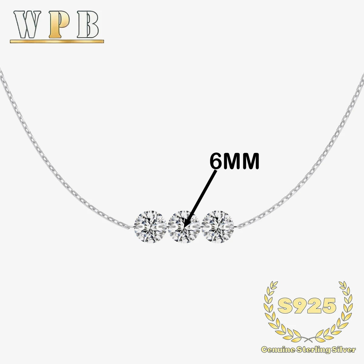 Genuine S925 Silver 3 Sparkling Zircon Necklace Dainty - DY191196-P-6MM / 45cm