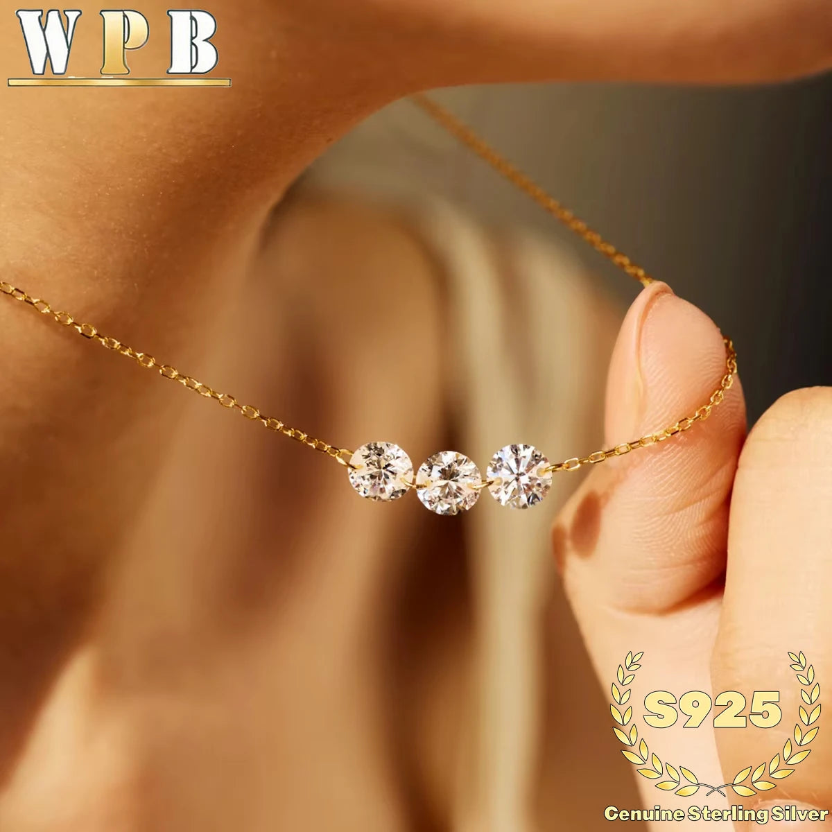 Genuine S925 Silver 3 Sparkling Zircon Necklace Dainty