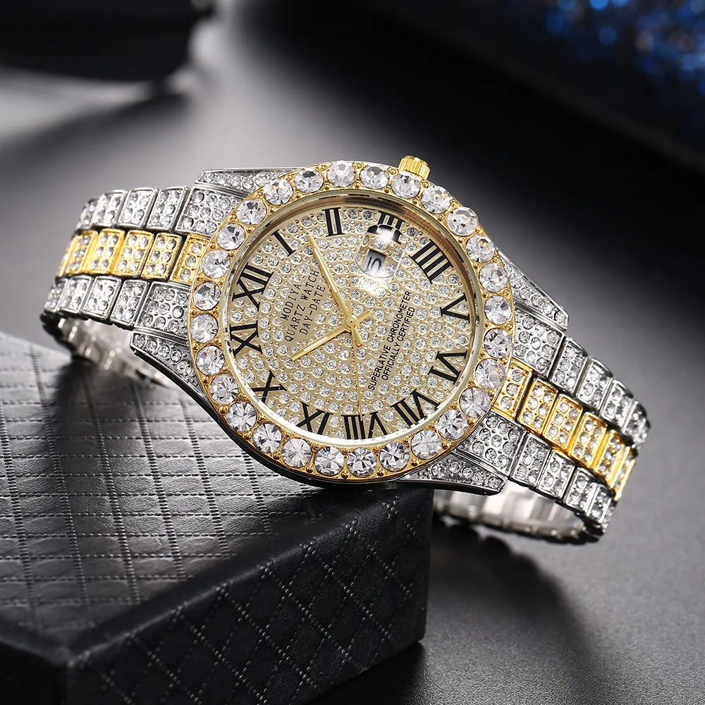 Luxury Classic Golden Men's Steel Strap Roman Scale - silver golden / CN