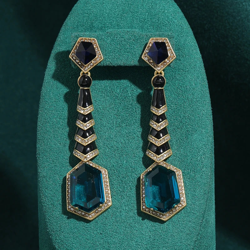 Vintage Long Blue Crystal Drop Earring Gold Color