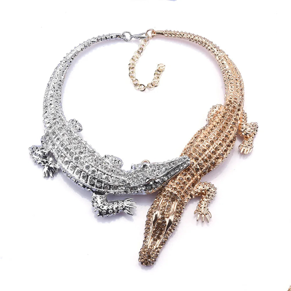 2026 New Fashion Double Crocodile Choker Necklace - Silver Gold Mix