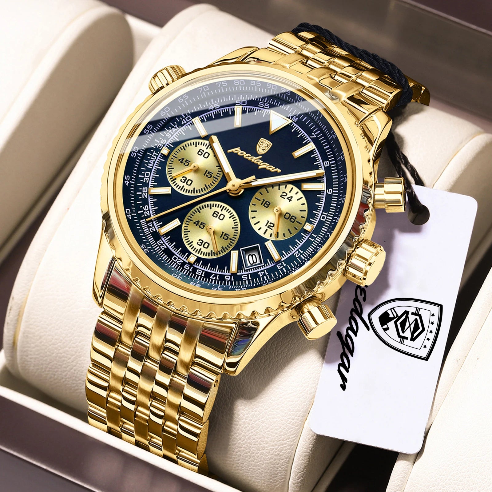 POEDAGAR Luxury Watches For Man Date Chronograph - 960 Gold Blue