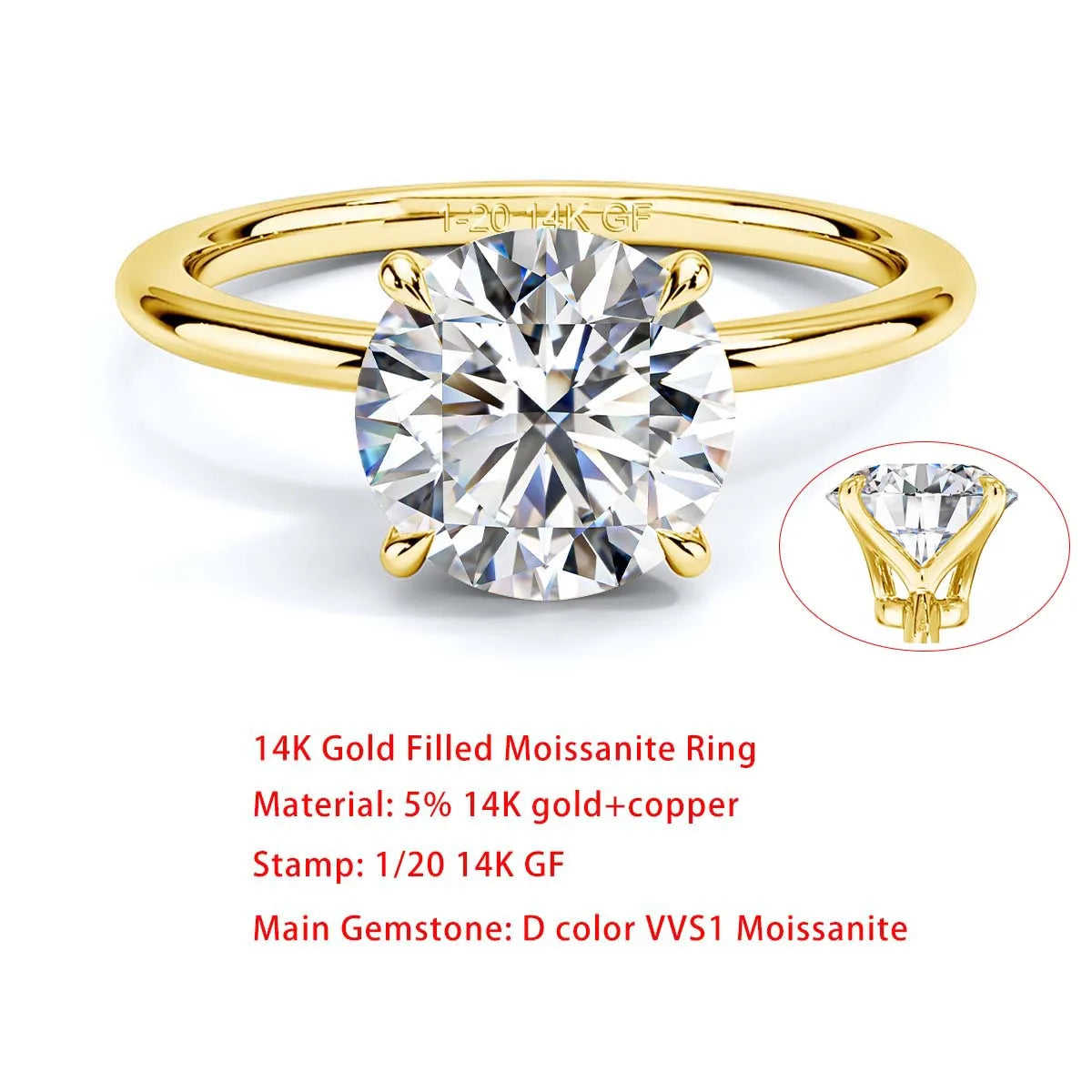 Sdoou Real Gold 14K 6 Prongs Round 1-3ct Moissanit