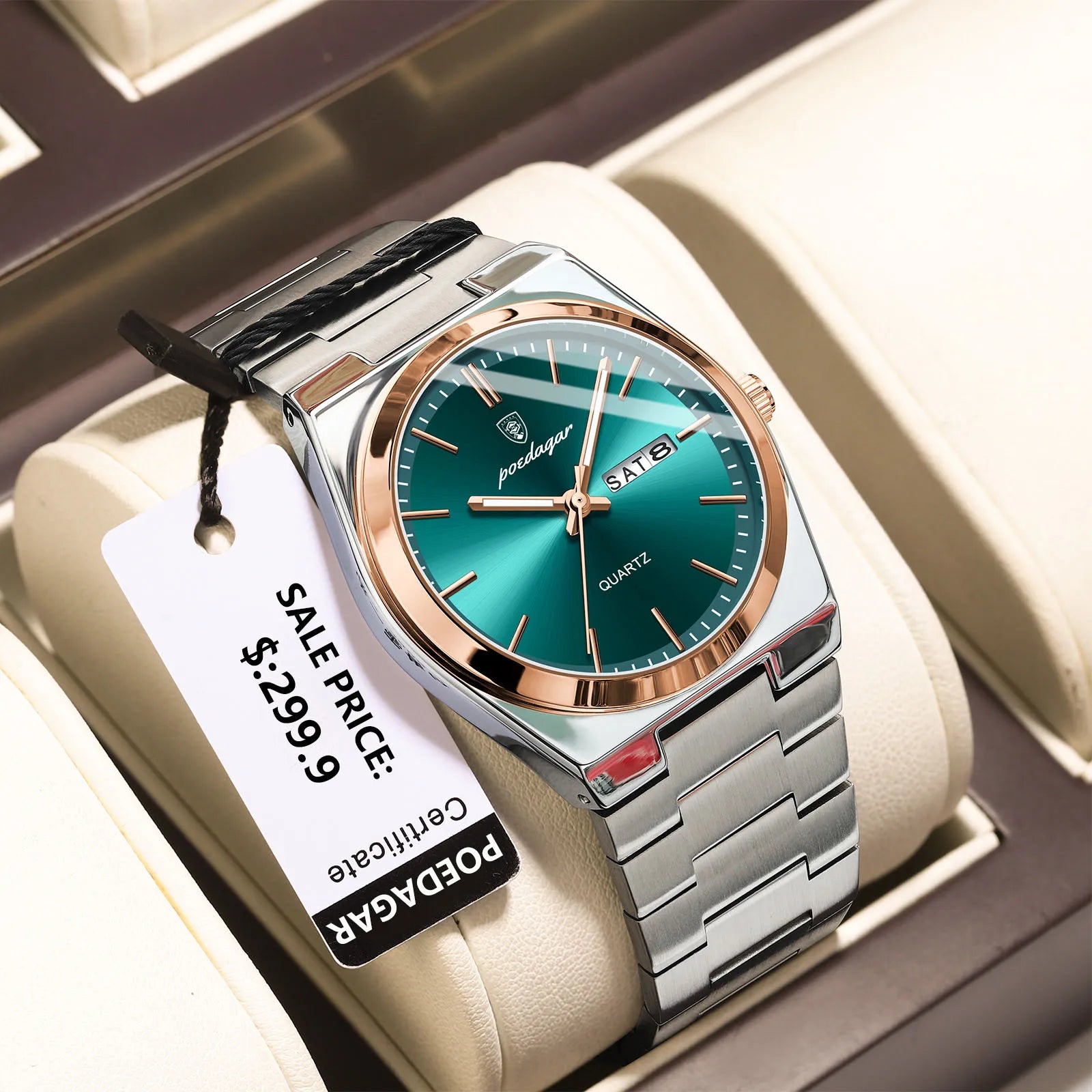 POEDAGAR Luxury Men's Watches Waterproof Luminous Date - 930 Rose Gold Green