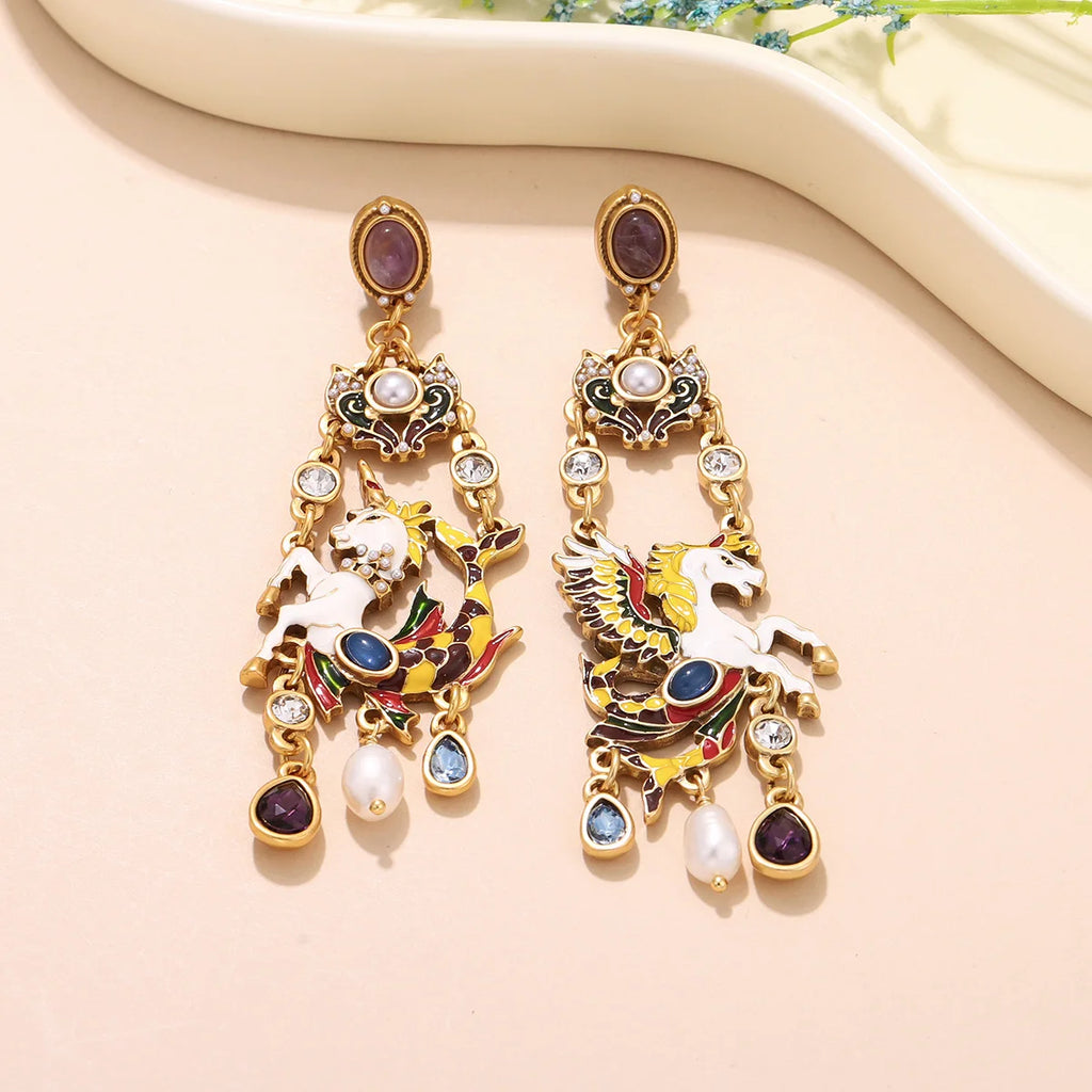 Vintage Enamel Pegasus Drop Earrings for Women -