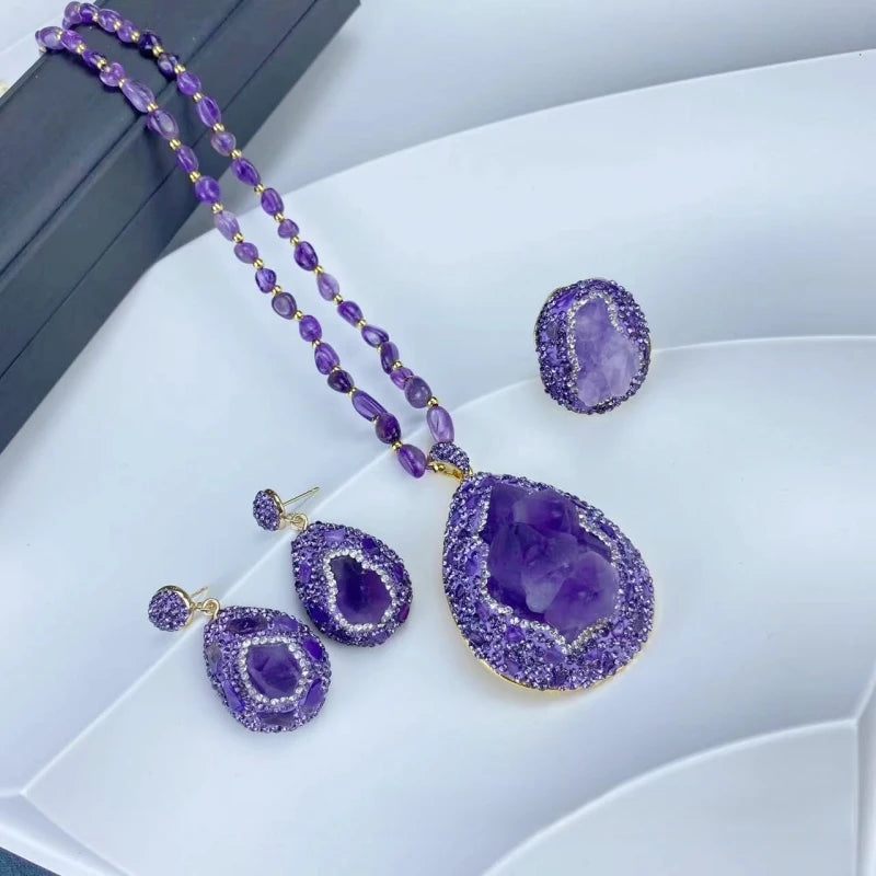 3pcs Jewelry Set Large Raw Amethyst Quartz Crystal