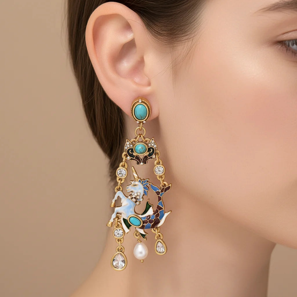Vintage Enamel Pegasus Drop Earrings for Women -