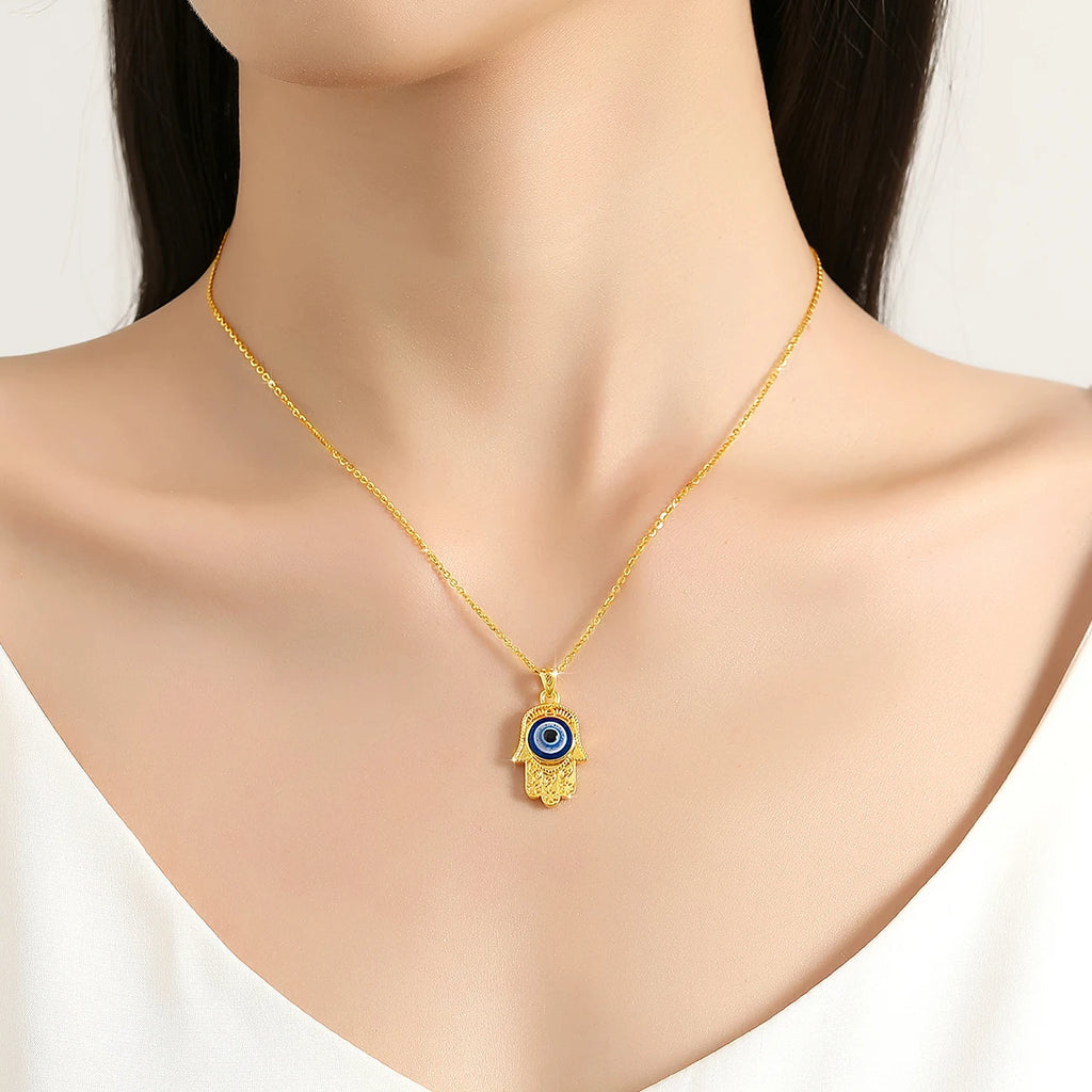 Szjinao 100% 18k Real Gold Evil Eye Necklace Hand