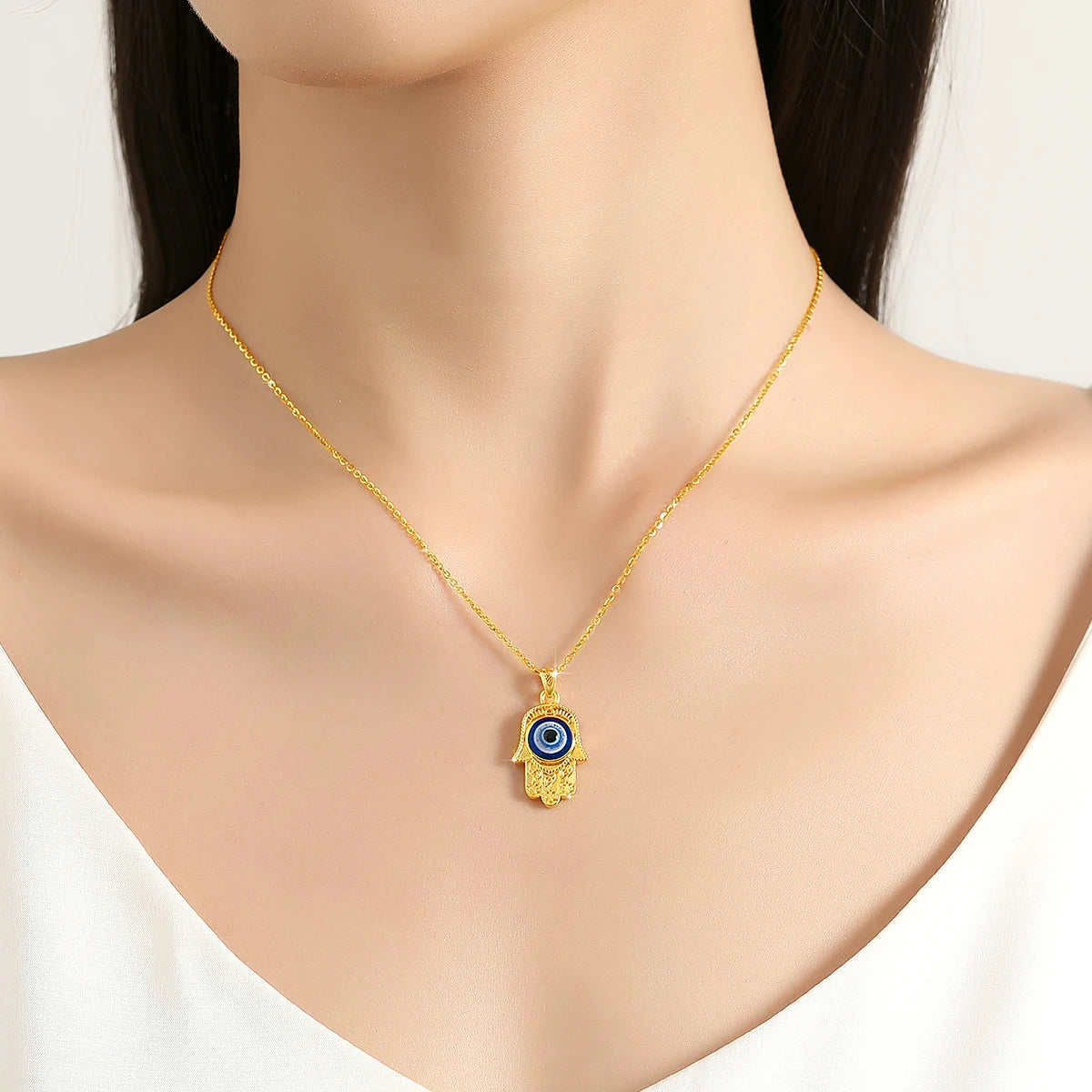 Szjinao 100% 18k Real Gold Evil Eye Necklace Hand
