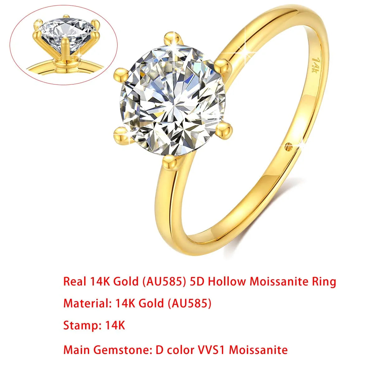 Sdoou Real Gold 14K 6 Prongs Round 1-3ct Moissanit