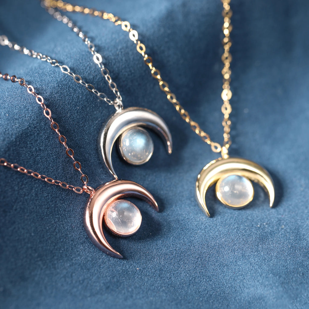 925 Sterling Silver Moon Pendant Necklace Vintage - Gold, Rose gold, Silver