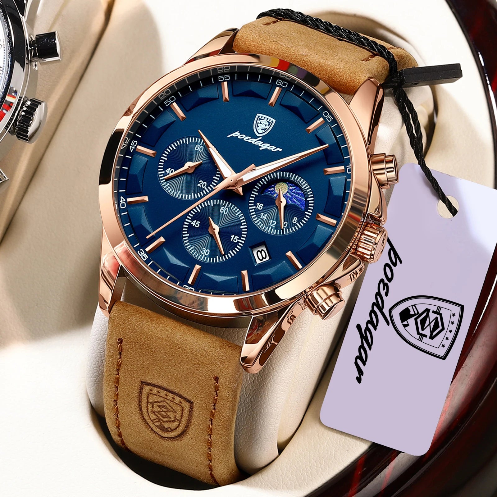 POEDAGAR Fashion Business Men Quartz Watch Waterproof - 928 RoseGold Blue L