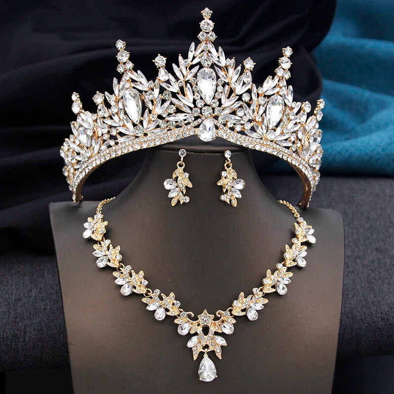 Royal Queen 3 Pcs Tiaras and necklace earrings for - Gold White Set