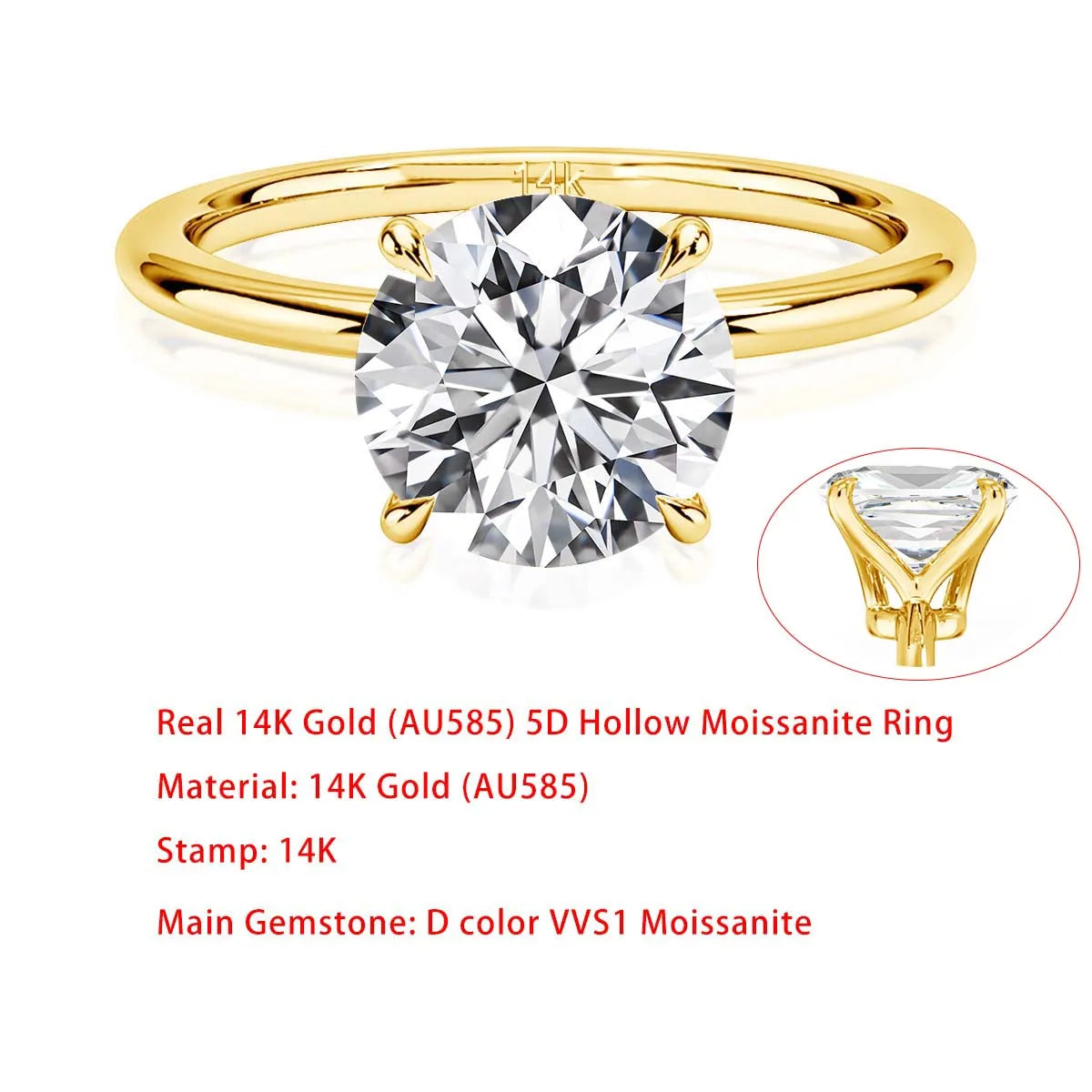 Sdoou Real Gold 14K 6 Prongs Round 1-3ct Moissanit
