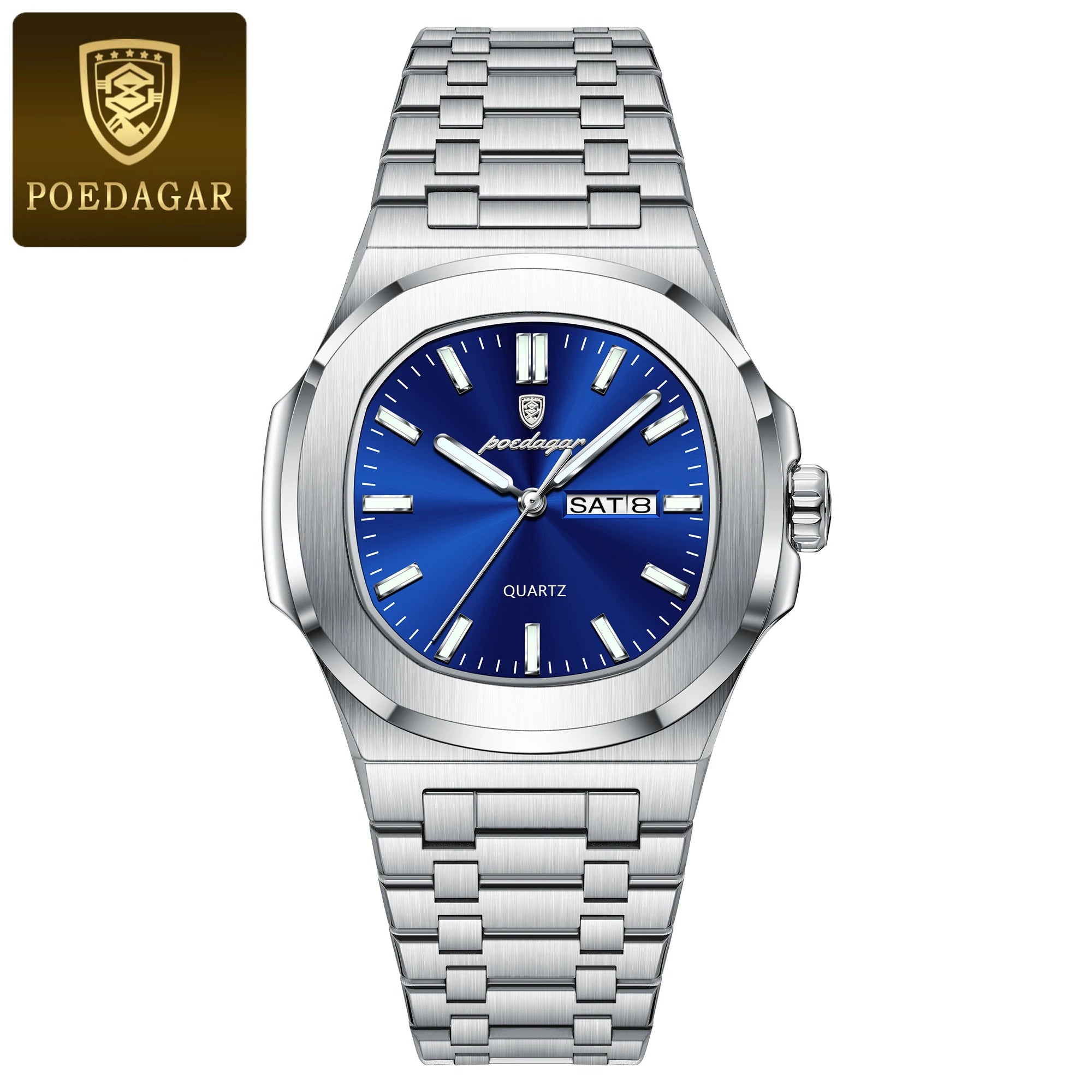 POEDAGAR Luxury Square Men's Watches Waterproof - 853 Silver Blue