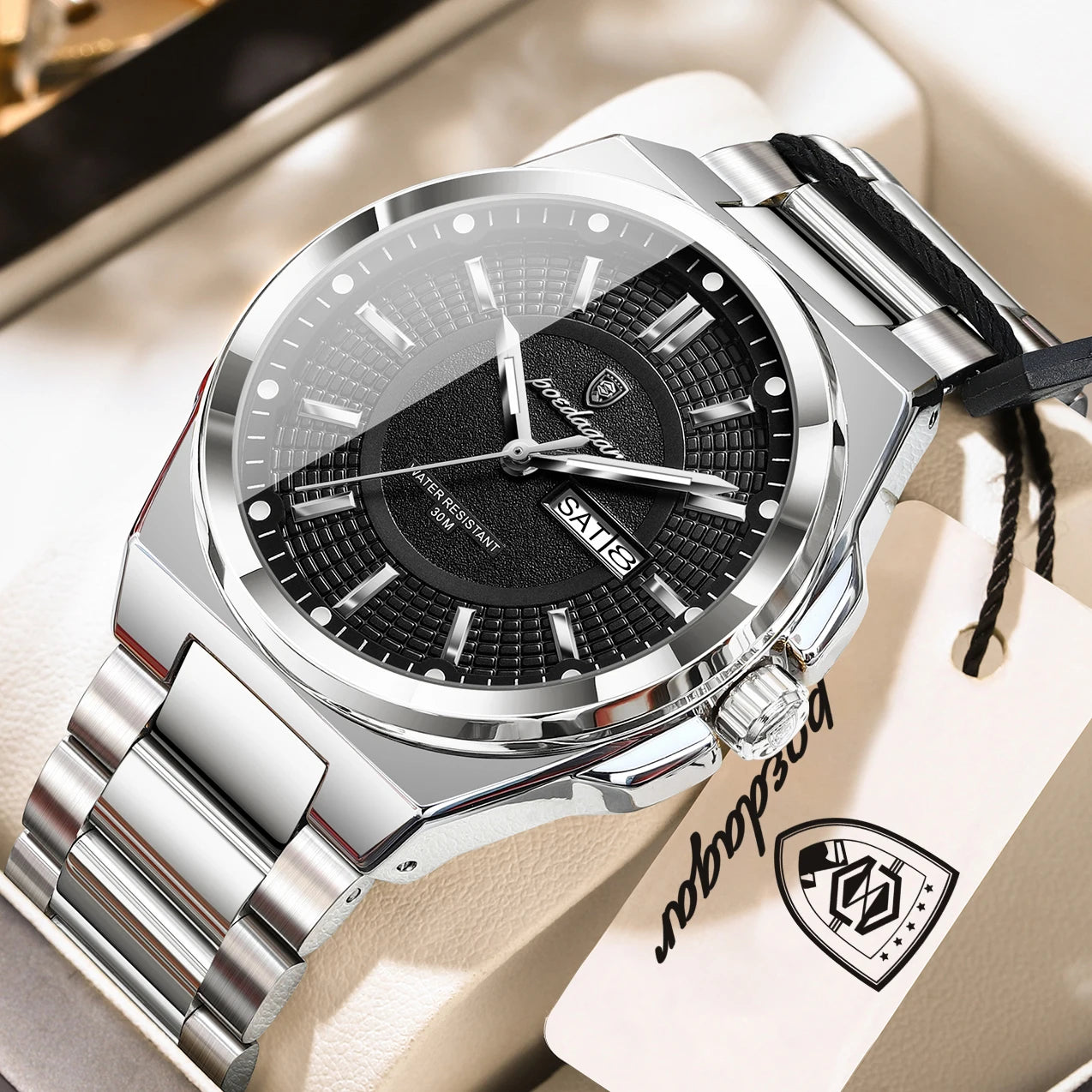 POEDAGAR Top Business Men Wristwatch Stainless Steel - 896 Silver Black / China Mainland