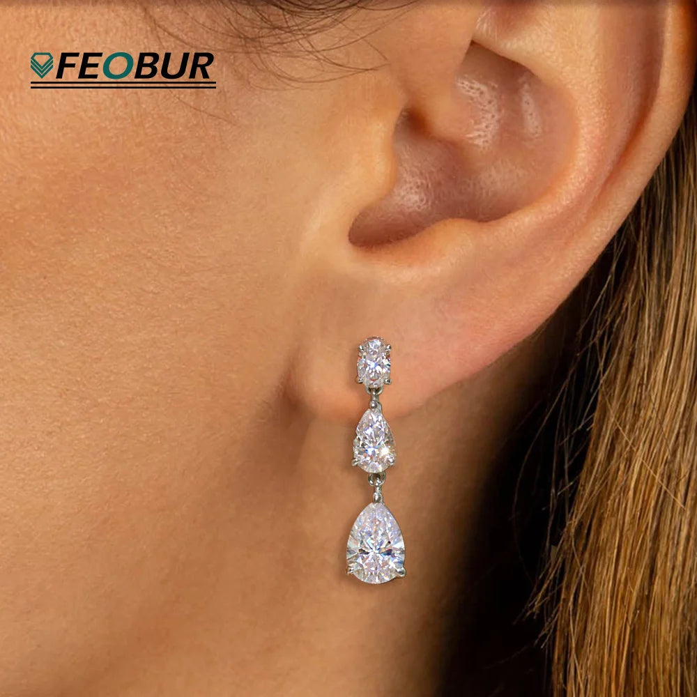 3-Stones Full Moissanite Drop Earring for Women