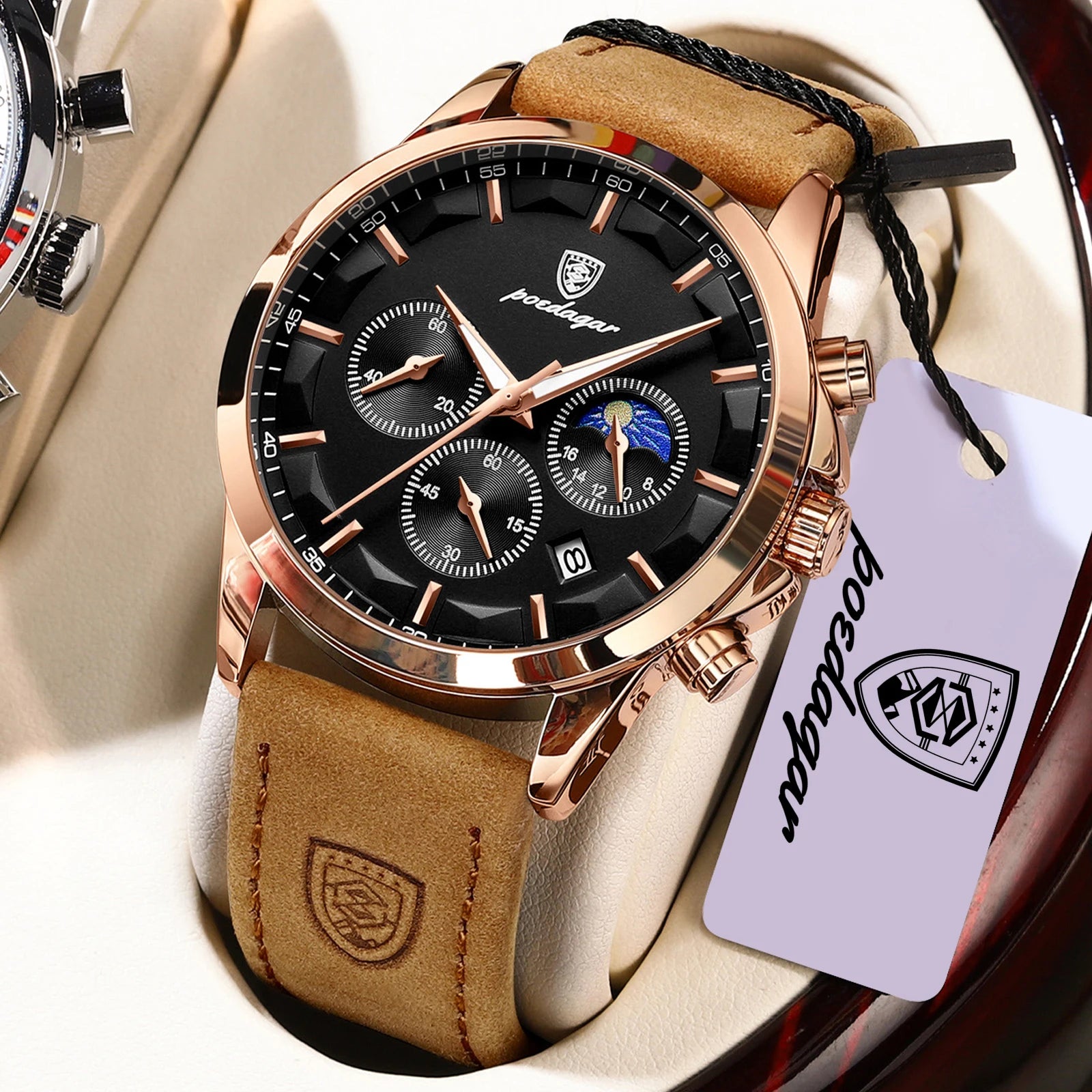 POEDAGAR Fashion Business Men Quartz Watch Waterproof - 928 RoseGold Black L