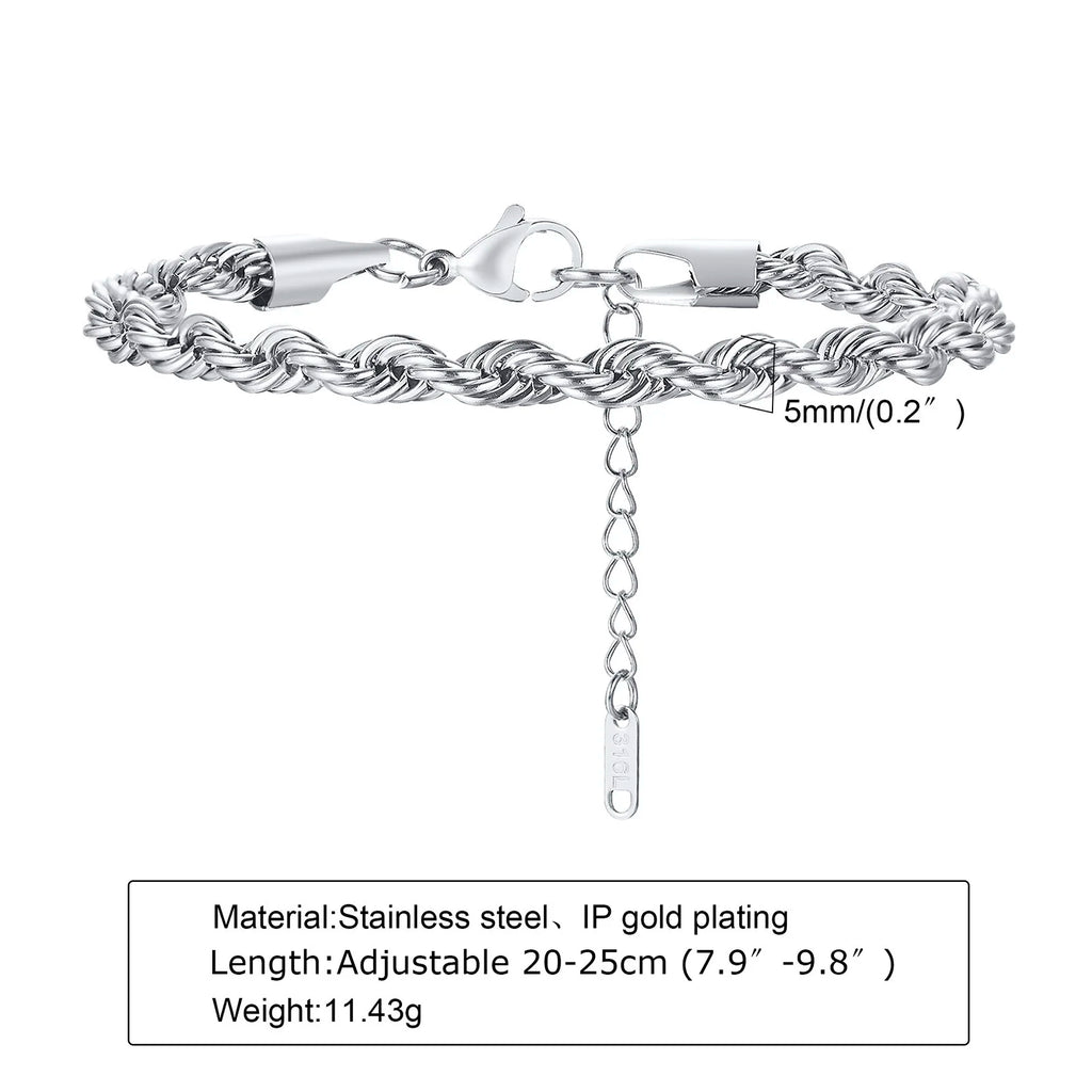 2-5MM Stainless Steel Rope Bracelets for Boys,Adju