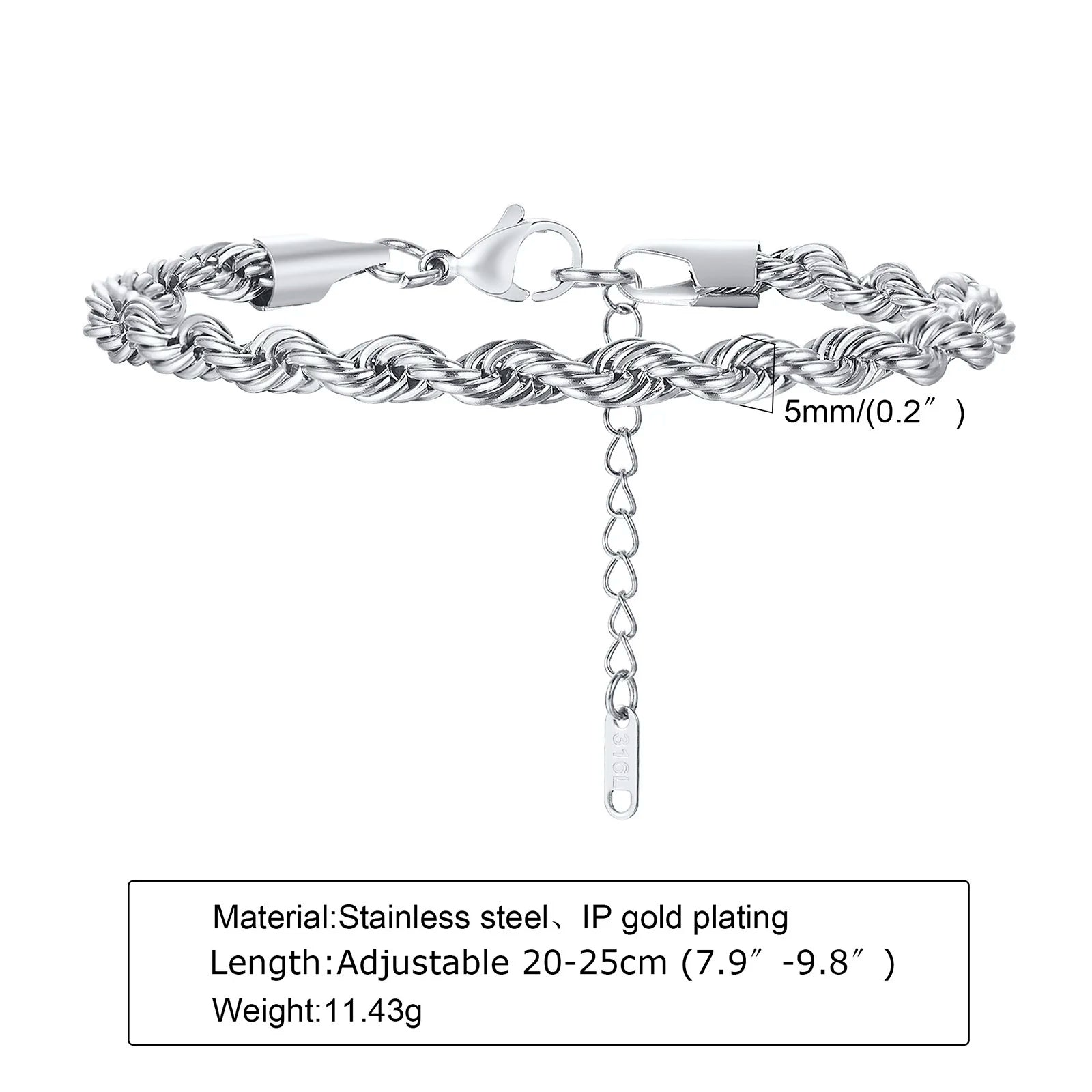 2-5MM Stainless Steel Rope Bracelets for Boys,Adju