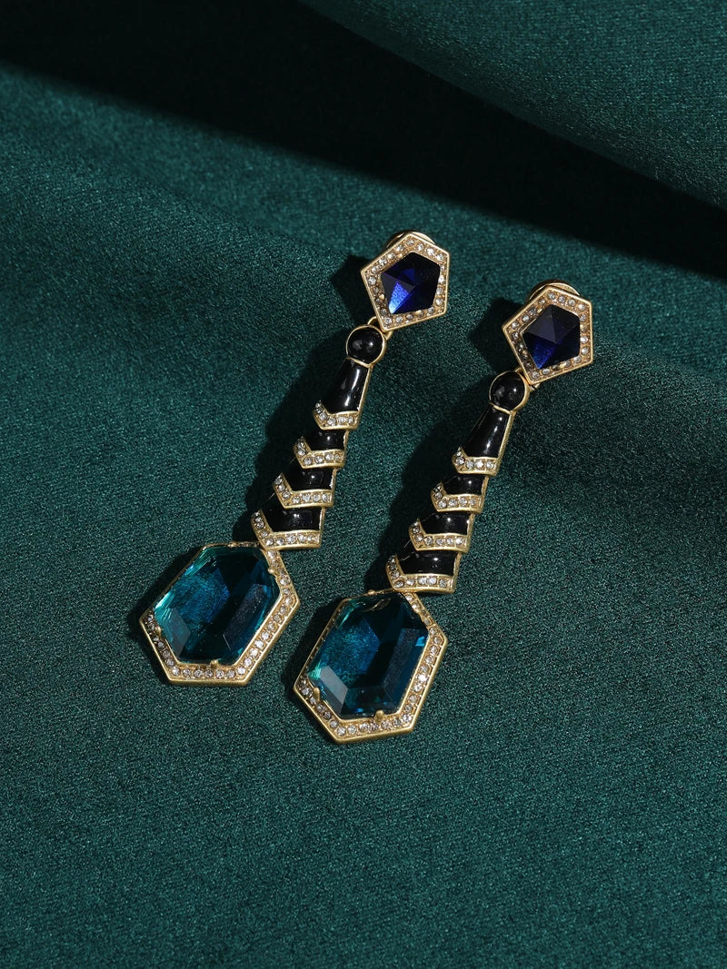 Vintage Long Blue Crystal Drop Earring Gold Color