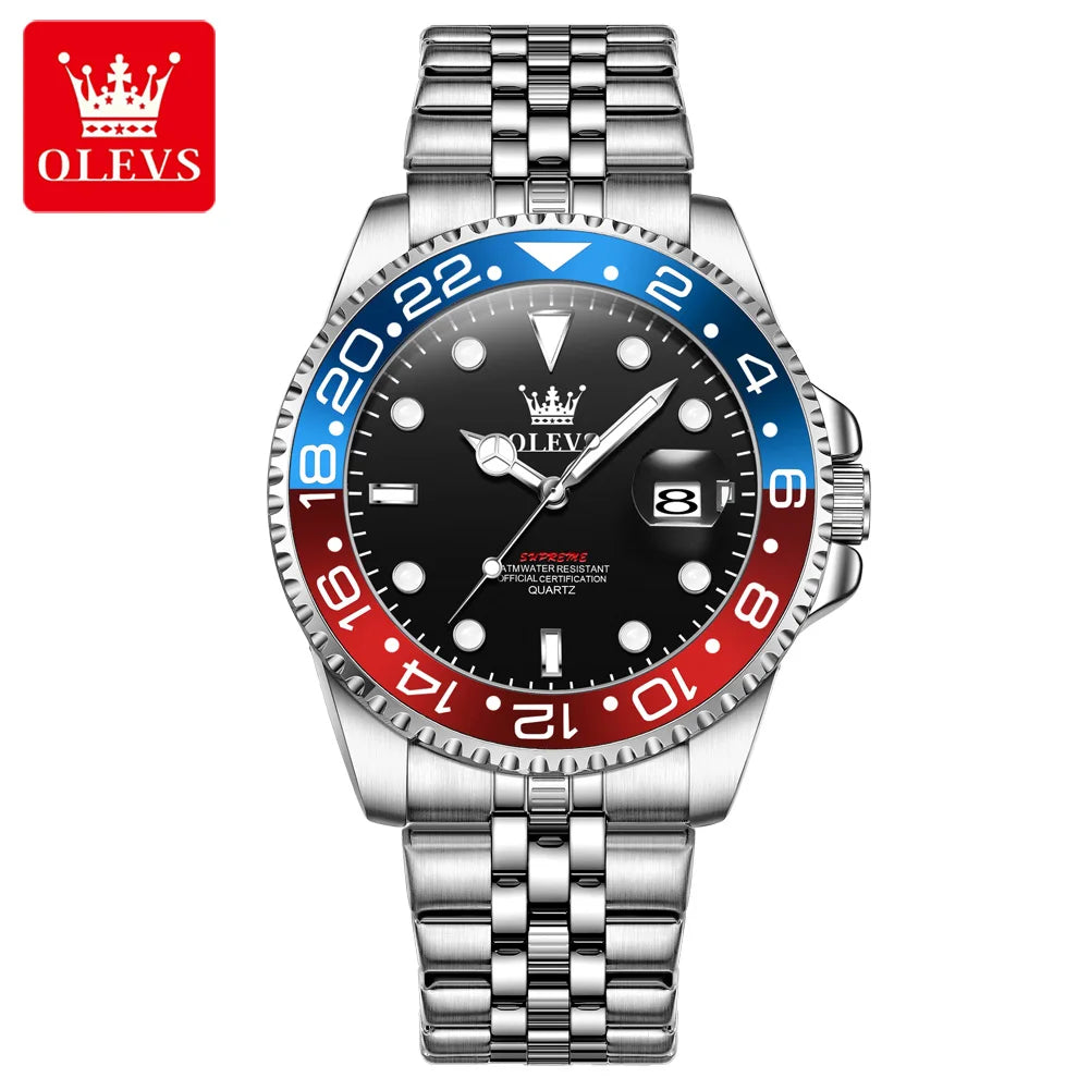 OLEVS Top Men's Watches Original Stainless Steel Date - Red Blue