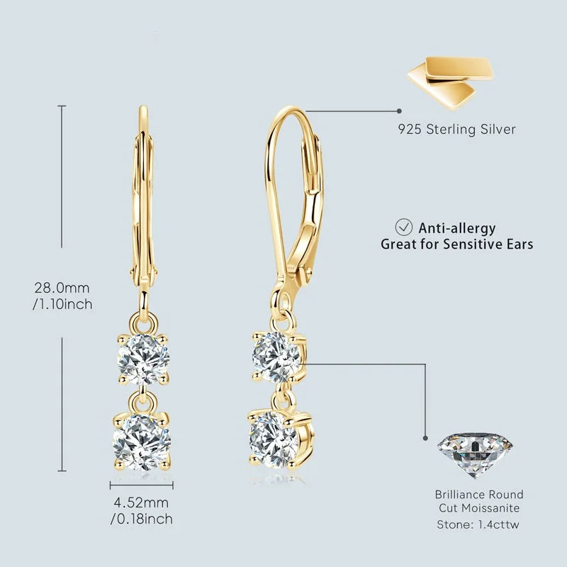 Anziw 42mm Long Dangle D Moissanite Drop Earrings for - 2 Stones-Gold Color