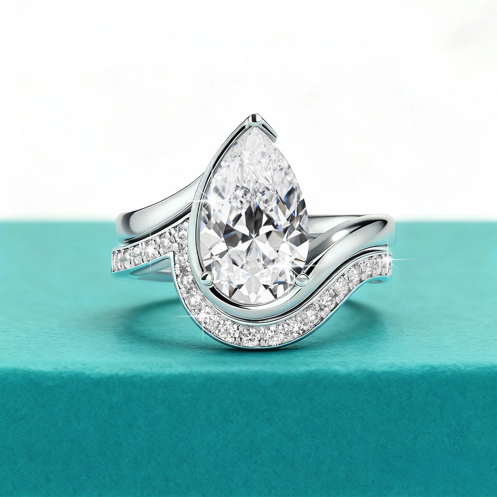 Pear Cut Moissanite Ring Set Bride 100% 925 Silver
