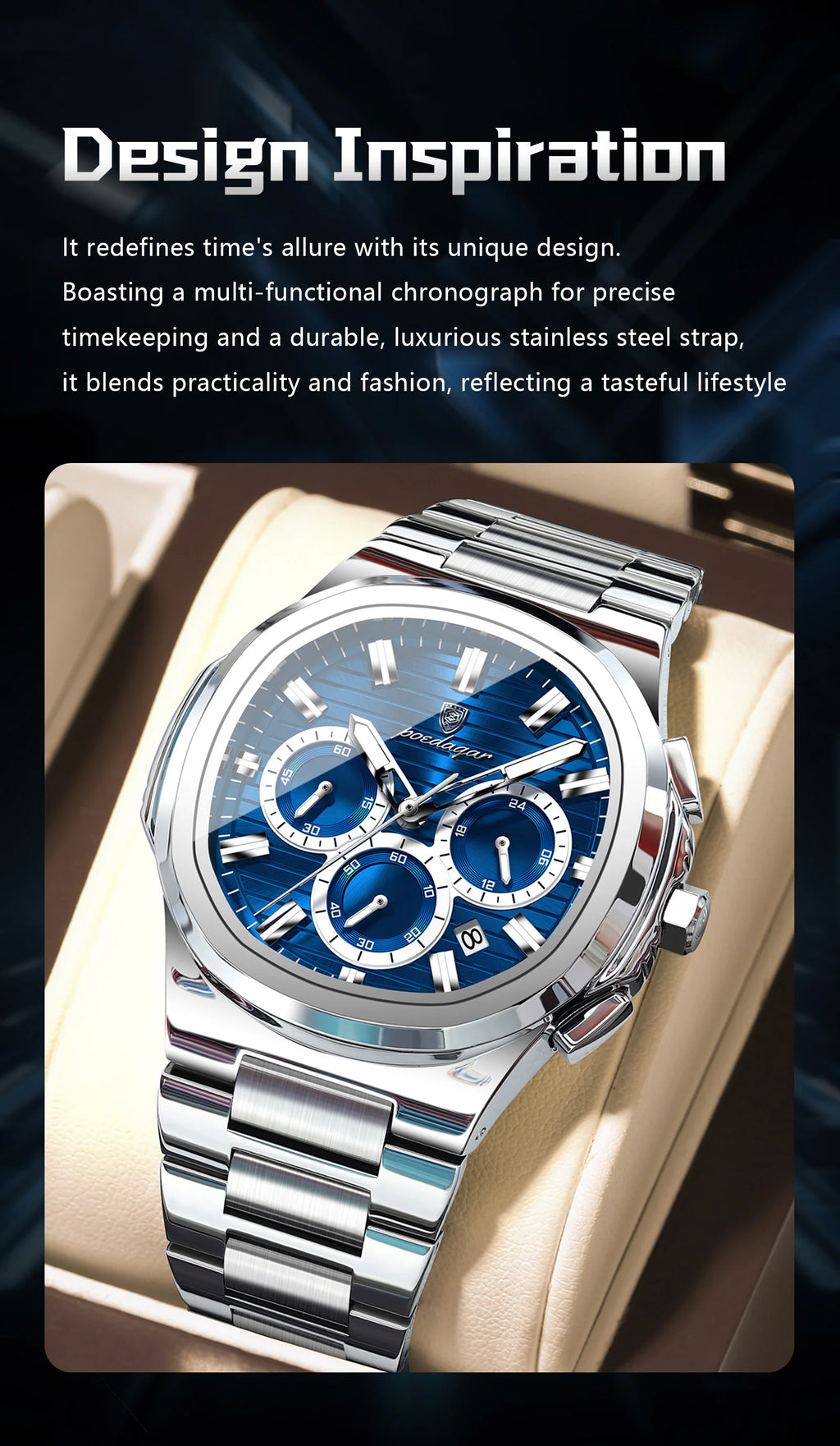 Poedagar Business Male Clock Date Chronograph