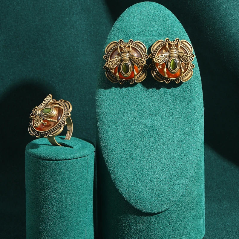 6 Colors Romantic Gold Color Black Honey Wax Bee Rings - 05-Amber