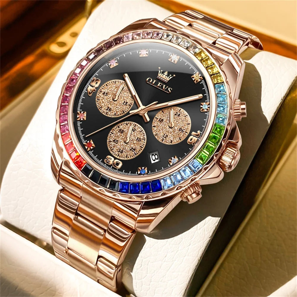 Armbanduhr für Herren OLEVS Lünette mit Regenbogenedelsteinen Business