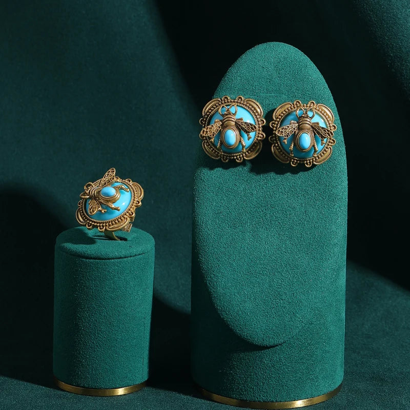 6 Colors Romantic Gold Color Black Honey Wax Bee Rings - 01-Blue