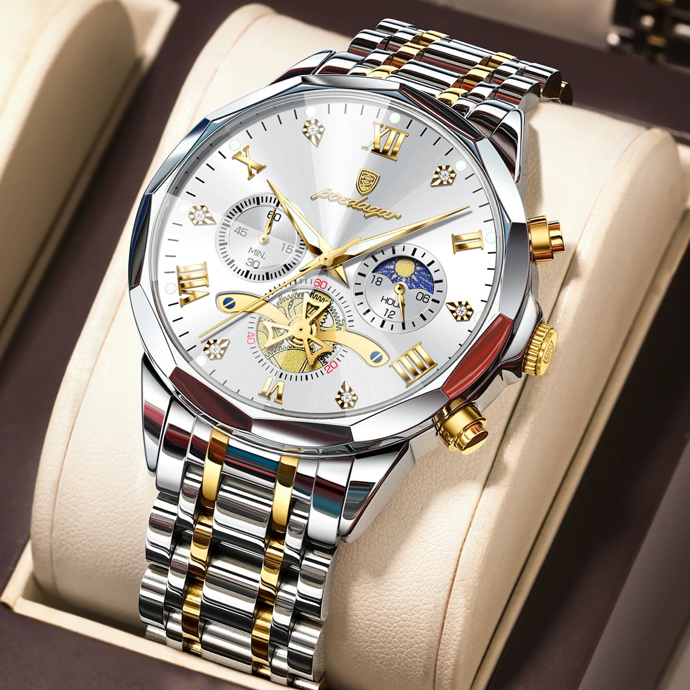 POEDAGAR Luxury Men Clock Waterproof Luminous - 938 Gold White / China Mainland