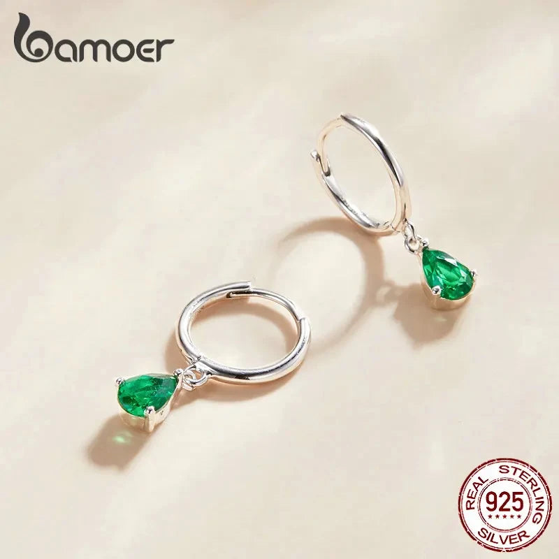 BAMOER Silver ISHWAR Green Water Drop Earrings 925