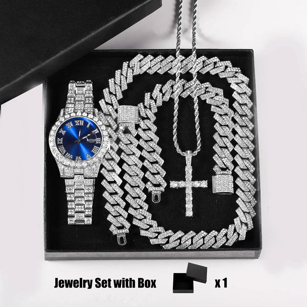 Quartz Watch Set Gift Box Cuban Necklace Bracelet